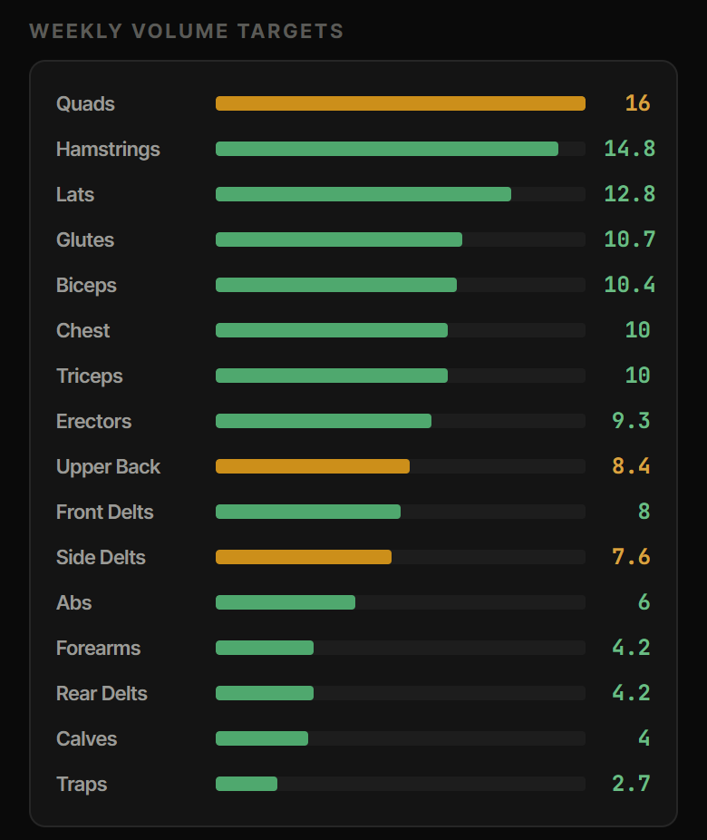 Per-muscle weekly volume targets for a generated program