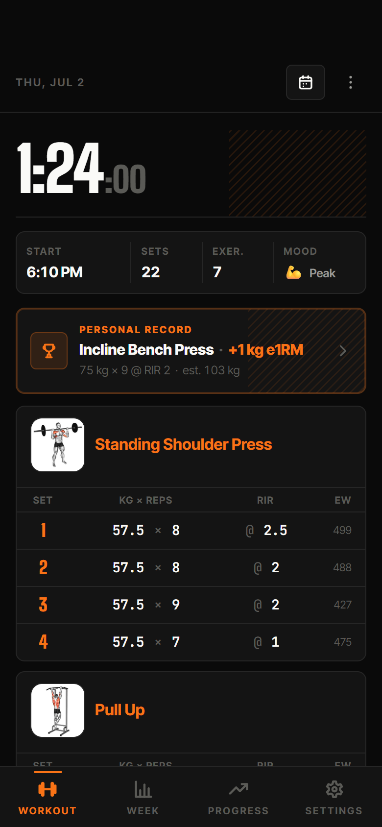 Stimuli session view scoring sets with Effective Work and flagging a personal record