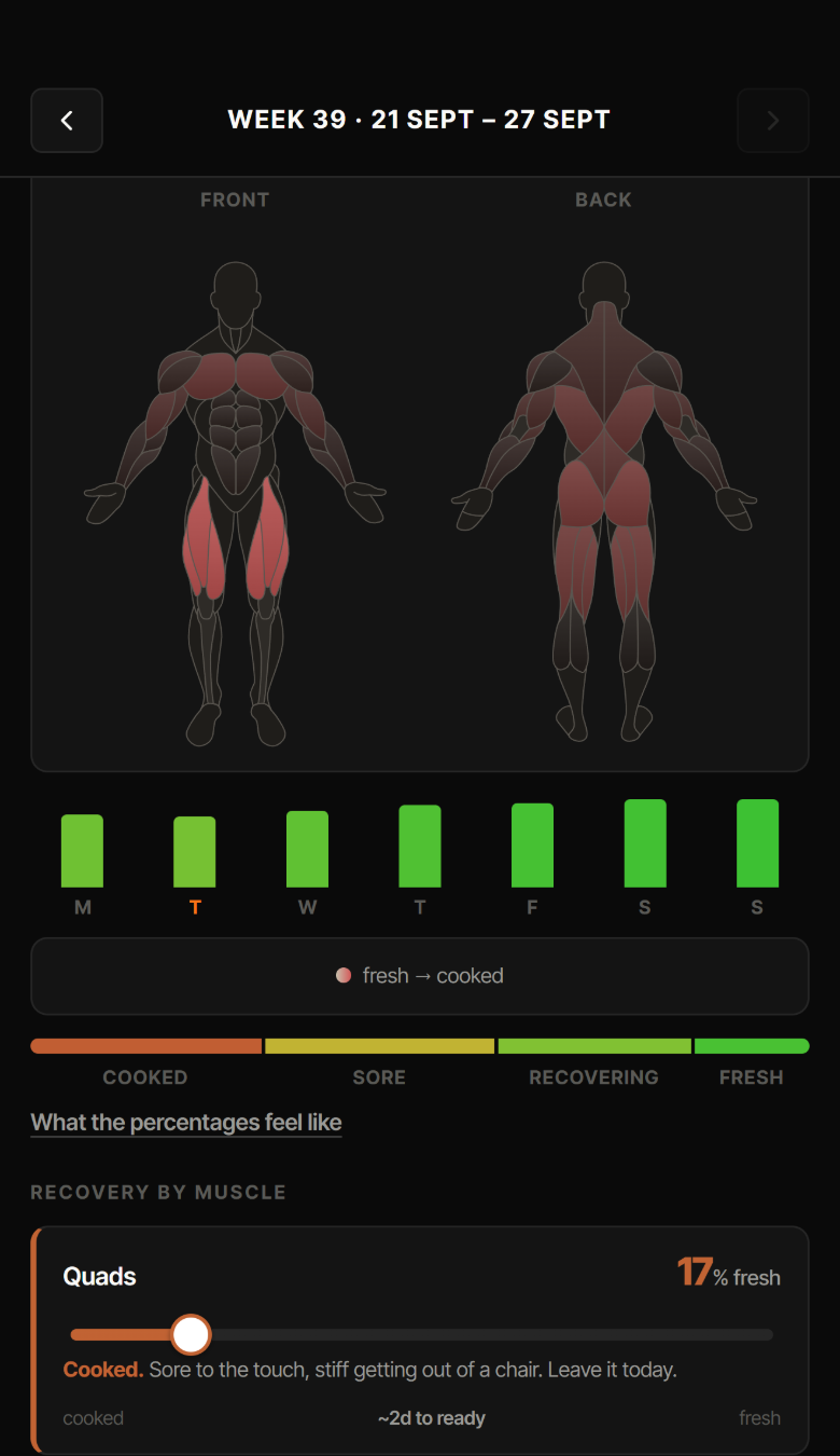 Stimuli week view in recovery mode: quads and chest shown cooked on the anatomy figure, with the daily recovery bars and the cooked-to-fresh scale