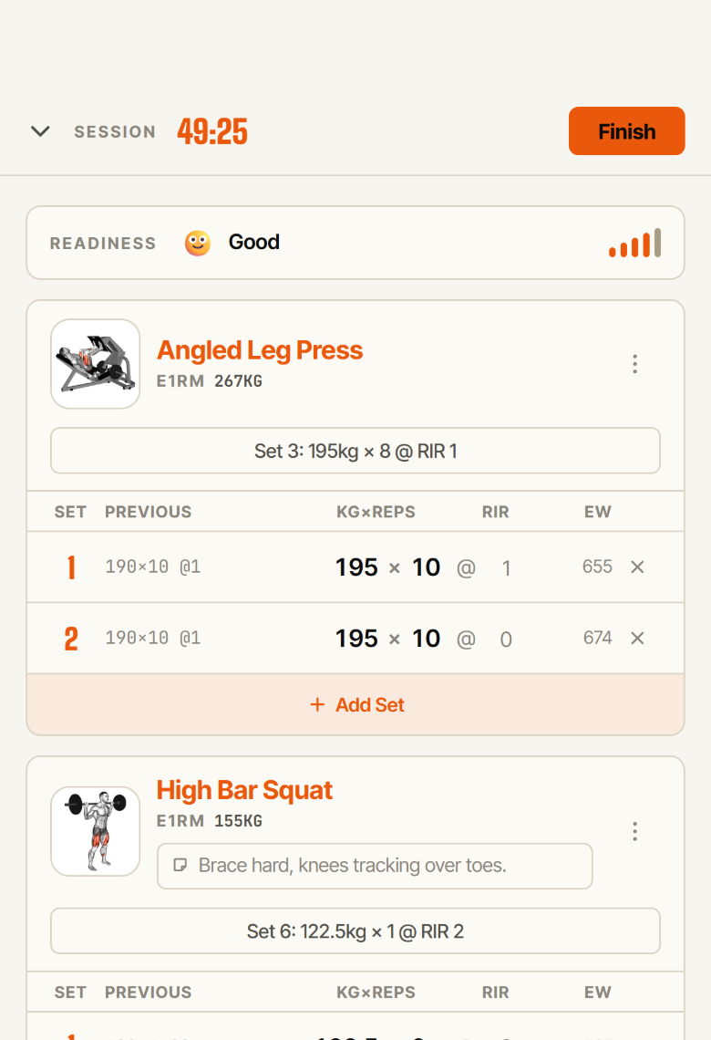 Stimuli session view on the cream theme: Angled Leg Press sets logged as 195 by 10 at RIR 1 and RIR 0, scored 655 and 674 Effective Work, with a suggested next set
